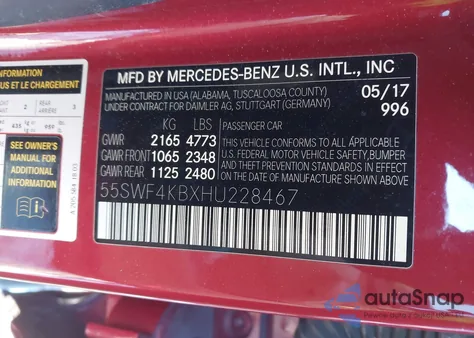 2017 Mercedes-Benz C 300 4Matic from USA, damaged, VIN 55SWF4KBXHU228467